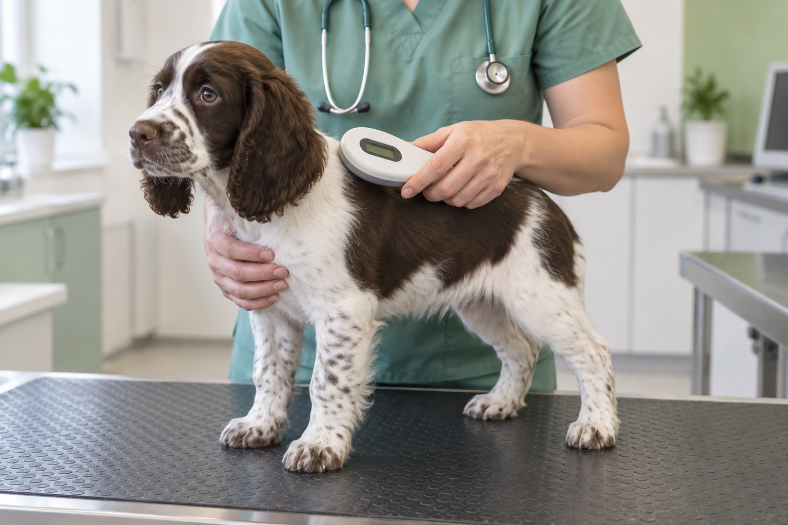 Veterinár kontroluje čip a zdravotný stav nového šteniatka